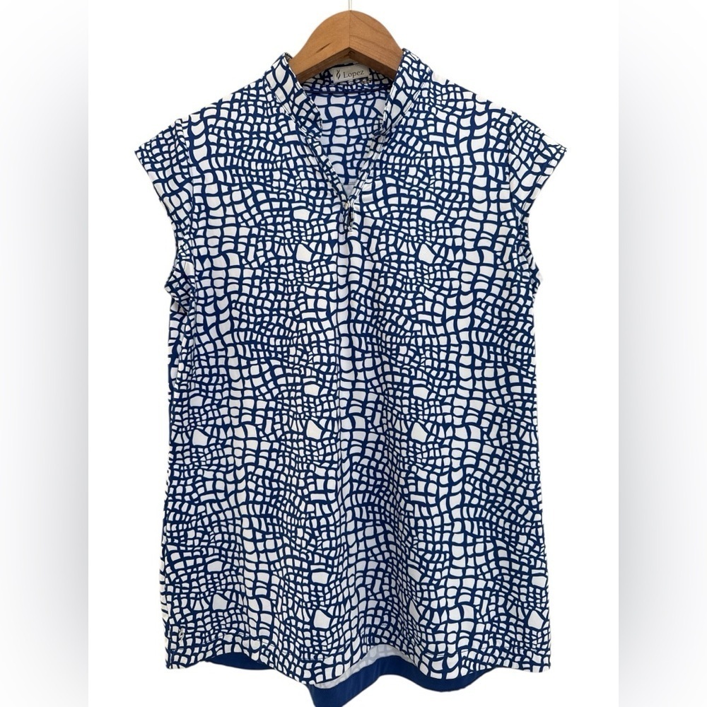 Lopez Delux Dri Blue White Pebble Print Golf Polo Shirt Top Size Large
